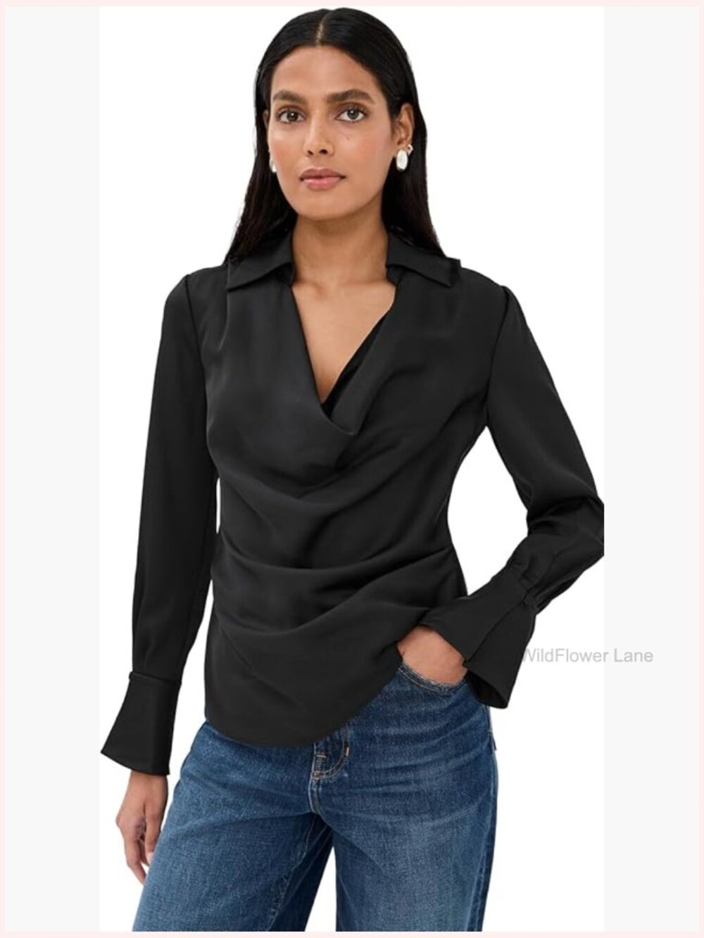 Long Sleeve Cowl Neck Blouse with Drapped Front and Hidden Zip